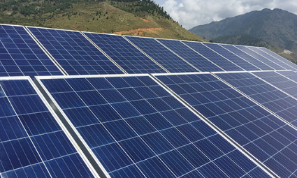 Large solar array in the hills of a remote village in Jumla, Nepal
